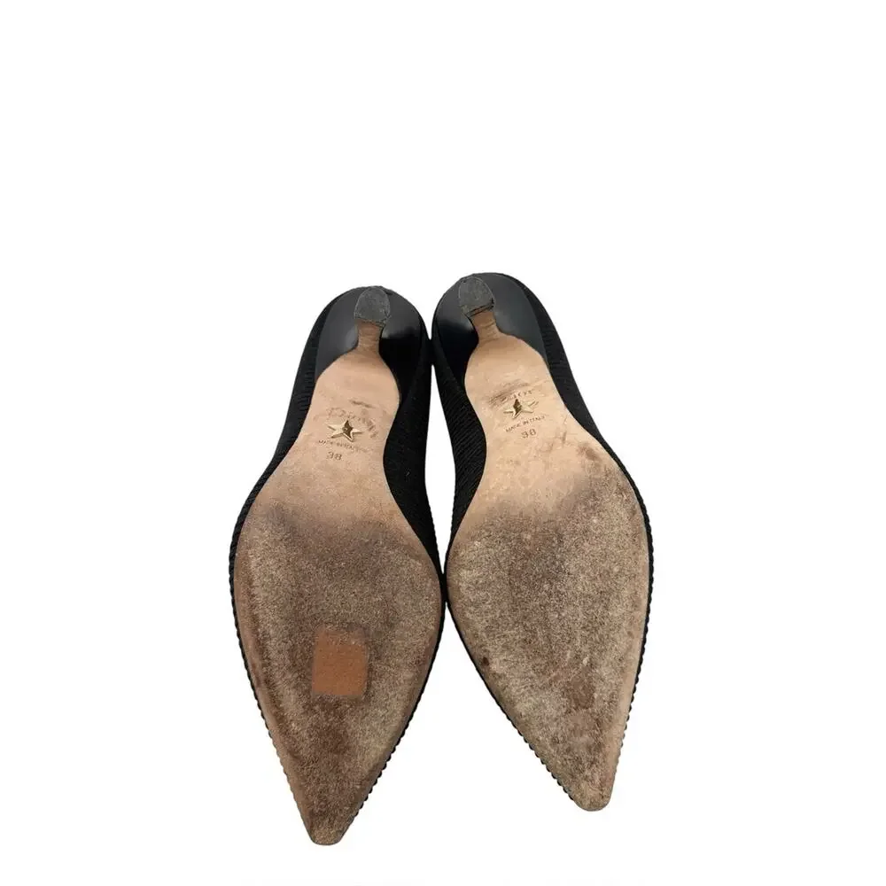 Dior J’Adior Logo Ribbon Black Canvas Slip On Pointed Toe Pumps Size 38